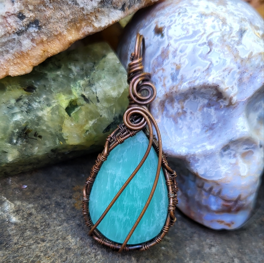 Elegant Copper Wire Wrapped Amazonite Pendant